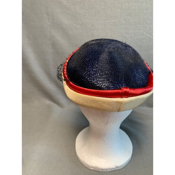 Vintage Navy & Cream Pillbox Hat With Red Trim & Black Veil Sz 22" - Picture 4 of 11